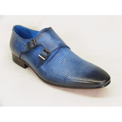 Carrucci Blue Genuine Calf Skin Leather Perforation Monkstrap Shoes with Black Burnished Tip KS308-06